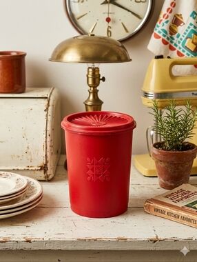 Vintage Red Tupperware Star Hex Canister with Servalier Lid – Made in Canada – 8